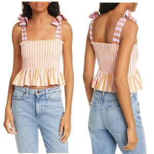 NWT Dolan Chan Mix Stripe Smocked Top In Tahitian Sun Stripe - Tie Strap Ruched